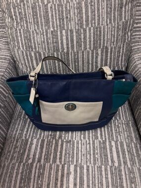 COACH Colorblock Leather Tote Bag in Navy, Teal & Cream